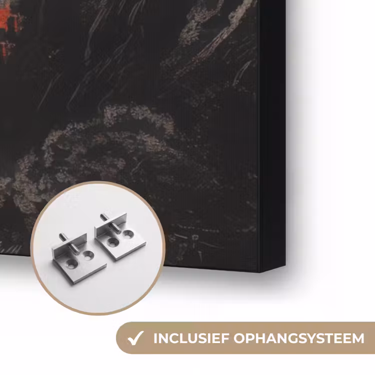 Krijger - Rode trappen - Zon - Berg Textielframe zwart klein -USP_ophangsysteemNL