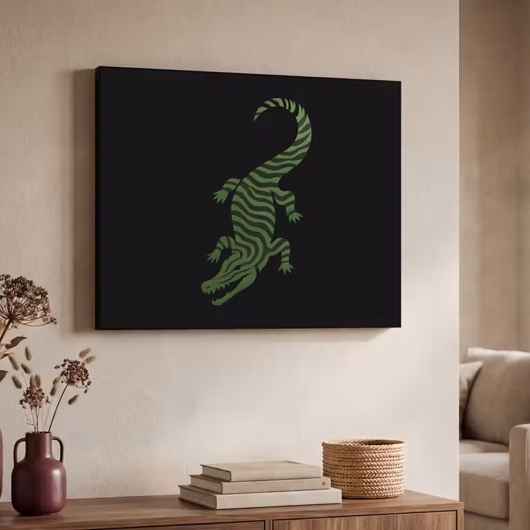 Krokodil - Groen - Tijgerachtig - Strepen Textielframe zwart klein -sfeer3
