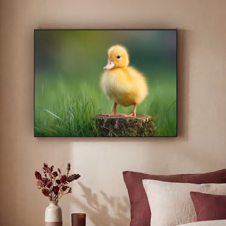 Kuiken - Eend - Geel - Gras Textielframe zwart klein -sfeer1