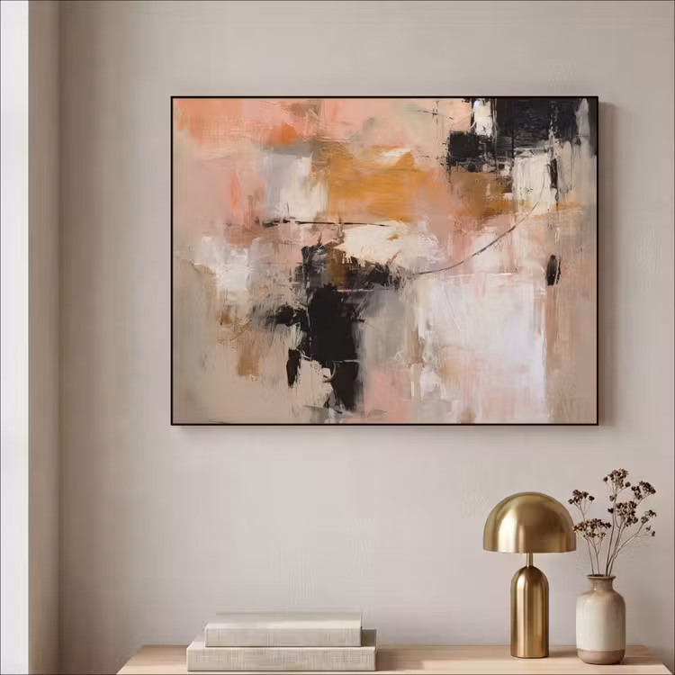 Kunst - Abstract - Beige - Verf Textielframe zwart klein -sfeer2