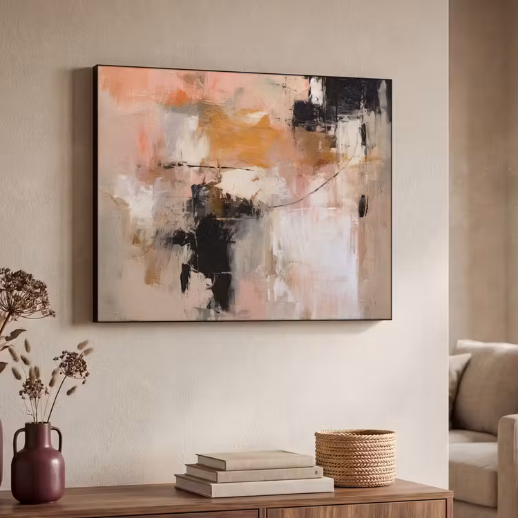 Kunst - Abstract - Beige - Verf Textielframe zwart klein -sfeer3