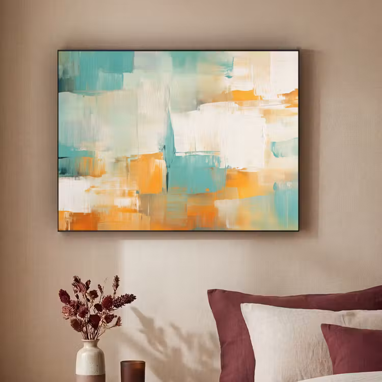 Kunst - Abstract - Blauw - Wit Textielframe zwart klein -sfeer1