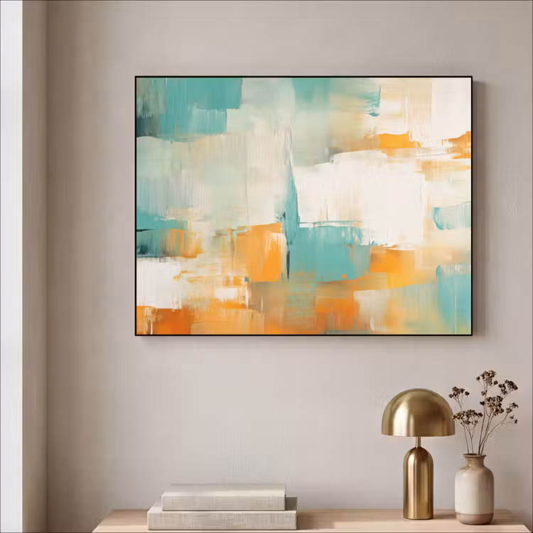 Kunst - Abstract - Blauw - Wit Textielframe zwart klein -sfeer2