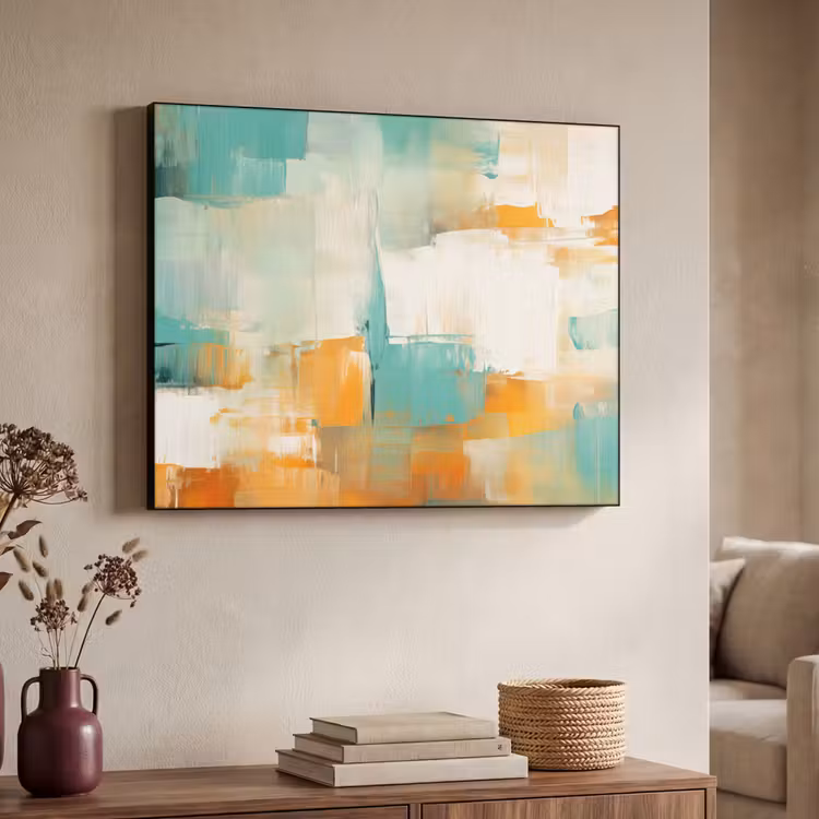 Kunst - Abstract - Blauw - Wit Textielframe zwart klein -sfeer3