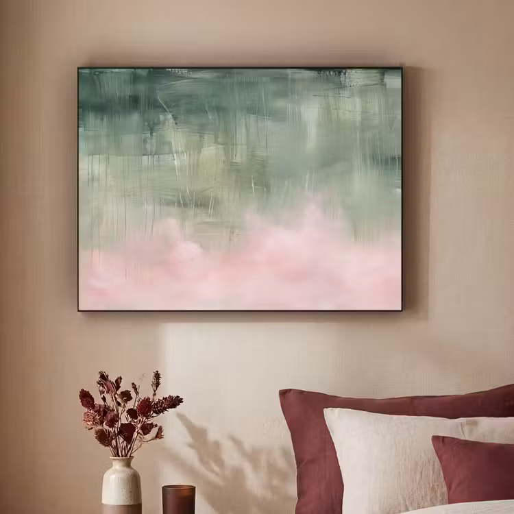 Kunst - Abstract - Modern - Groen - Roze Textielframe zwart klein -sfeer1