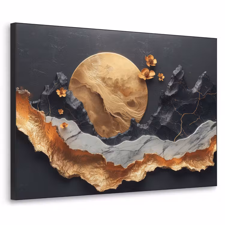 Kunst - Goud - Modern - Abstract Textielframe zwart klein -3d