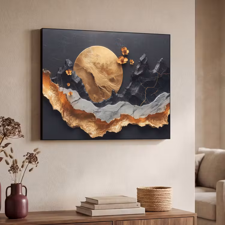 Kunst - Goud - Modern - Abstract Textielframe zwart klein -sfeer3