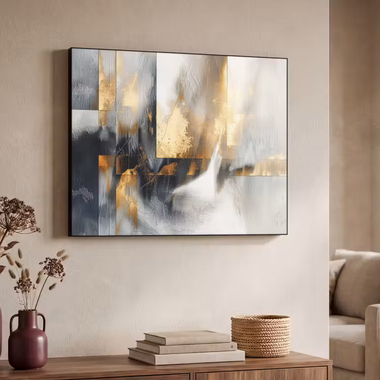 Kunst - Goud - Zilver - Abstract Textielframe zwart klein -sfeer3