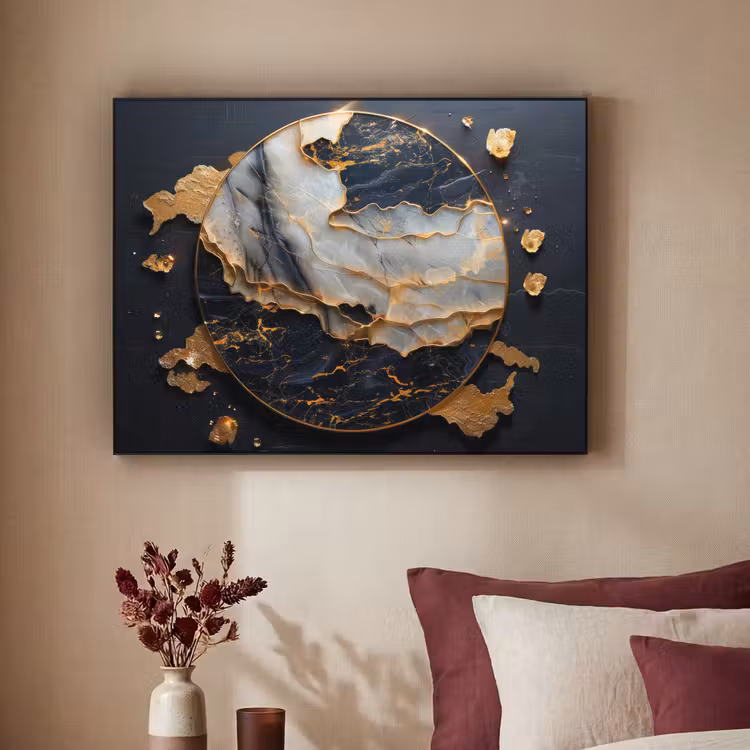Kunst - Goud - Zwart - Modern - Abstract Textielframe zwart klein -sfeer1