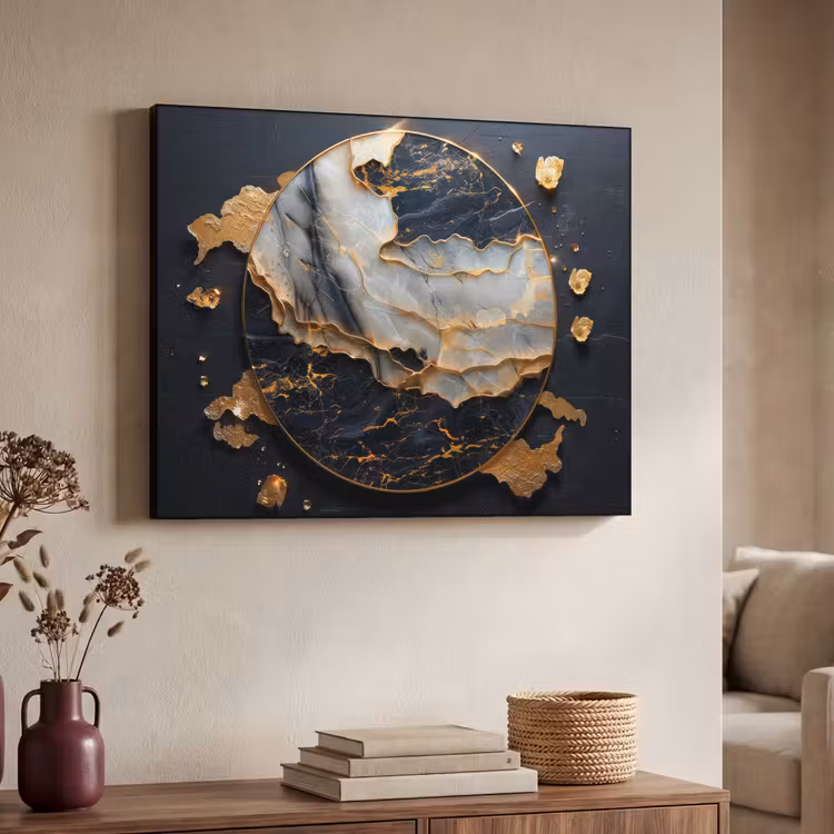 Kunst - Goud - Zwart - Modern - Abstract Textielframe zwart klein -sfeer3