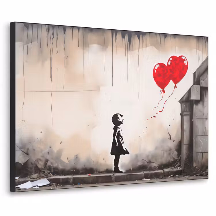 Kunst - Meisje - Ballonnen - Hart - Grijs Textielframe zwart klein -3d
