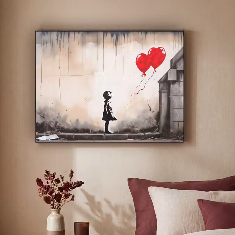 Kunst - Meisje - Ballonnen - Hart - Grijs Textielframe zwart klein -sfeer1