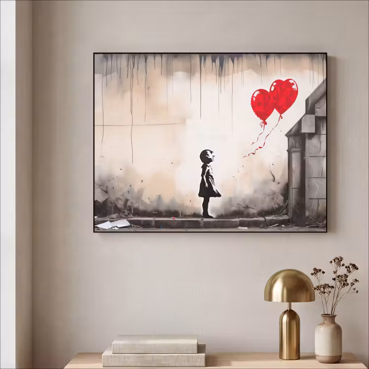 Kunst - Meisje - Ballonnen - Hart - Grijs Textielframe zwart klein -sfeer2