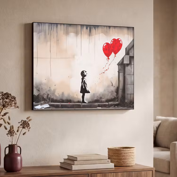Kunst - Meisje - Ballonnen - Hart - Grijs Textielframe zwart klein -sfeer3