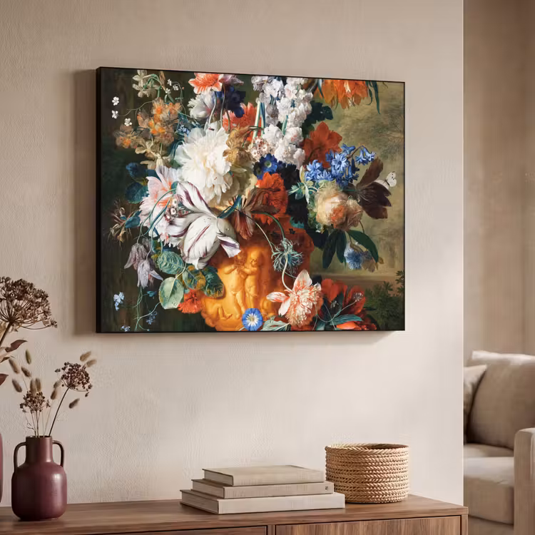 Kunst - Oude meesters - Boeket bloemen in een urn Textielframe zwart klein -sfeer3
