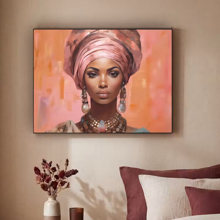 Kunst - Vrouw - Roze - Sieraden - Portret Textielframe zwart klein -sfeer1