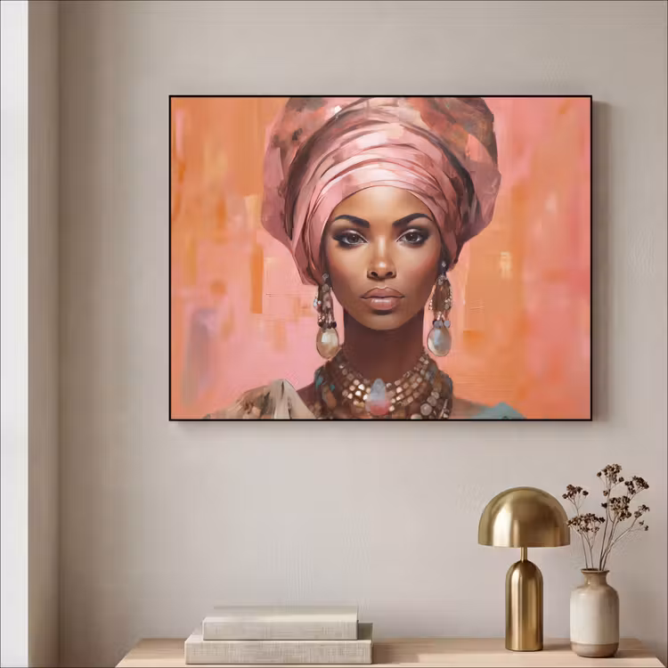 Kunst - Vrouw - Roze - Sieraden - Portret Textielframe zwart klein -sfeer2