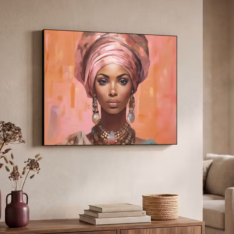 Kunst - Vrouw - Roze - Sieraden - Portret Textielframe zwart klein -sfeer3