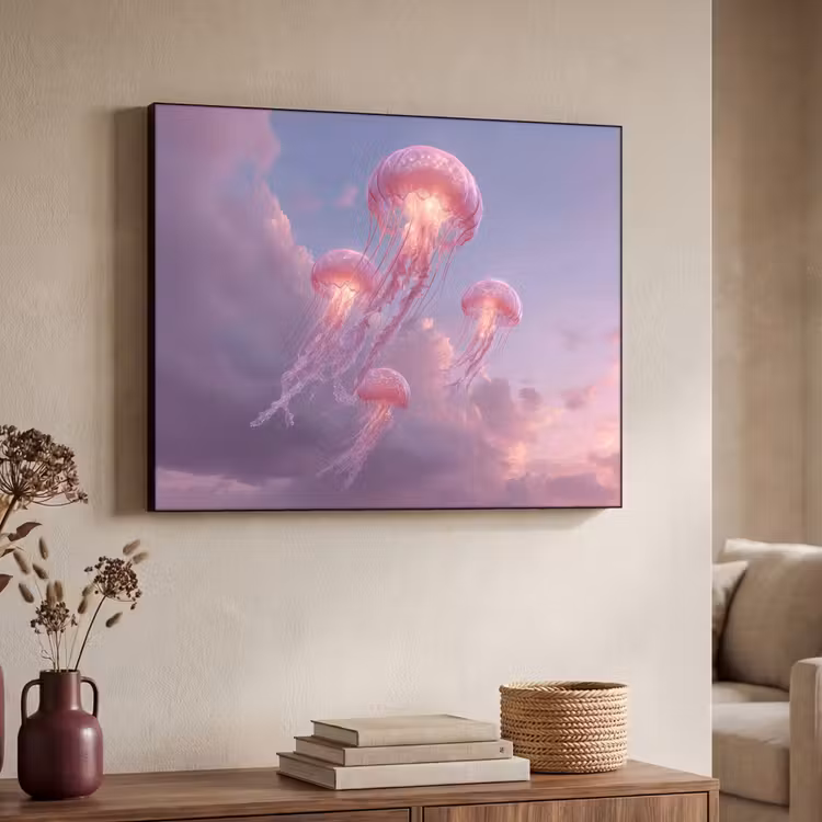 Kwallen - Roze - Wolken Textielframe zwart klein -sfeer3