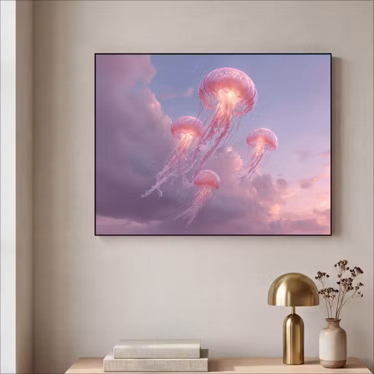 Kwallen - Roze - Wolken Textielframe zwart klein -sfeer2