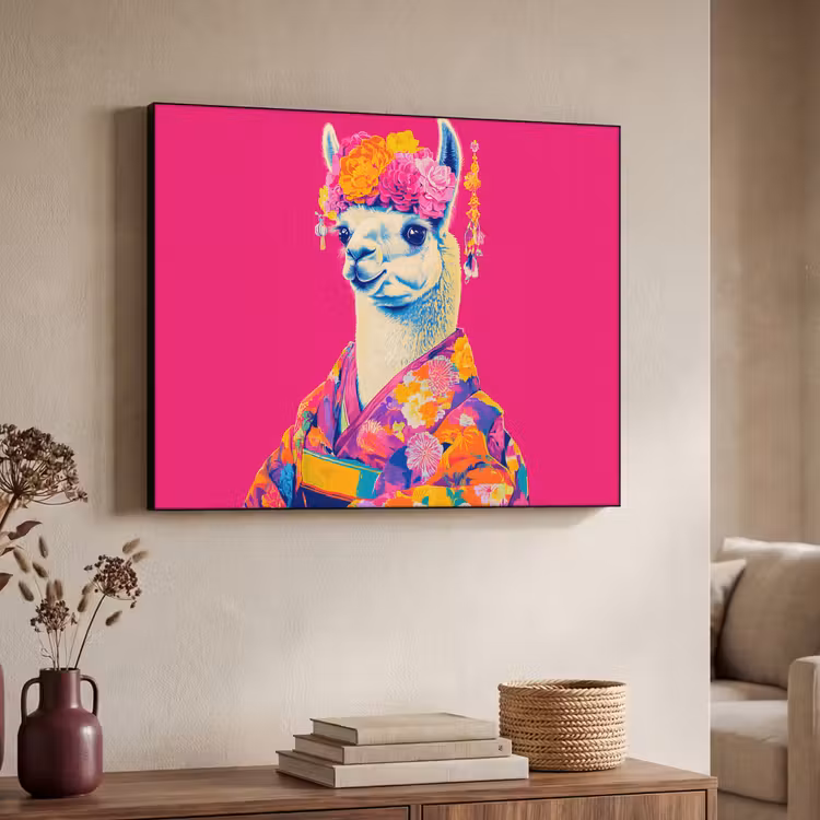 Lama - Kimono - Bloemenkrans - Felroze Textielframe zwart klein -sfeer3