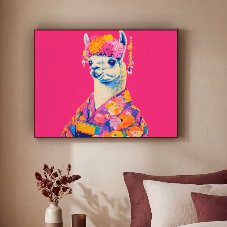 Lama - Kimono - Bloemenkrans - Felroze Textielframe - compleet frame klein -sfeer1