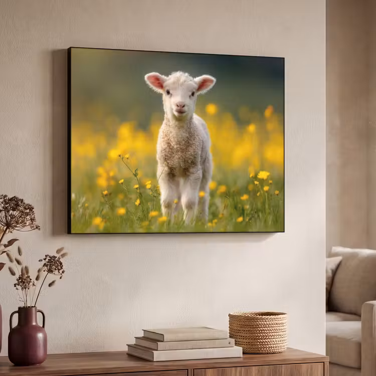 Lammetje - Gras - Bloemen - Geel Textielframe zwart klein -sfeer3