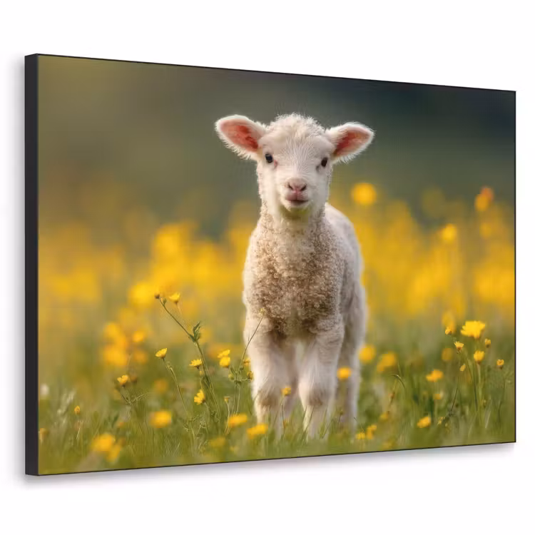 Lammetje - Gras - Bloemen - Geel Textielframe zwart klein -3d
