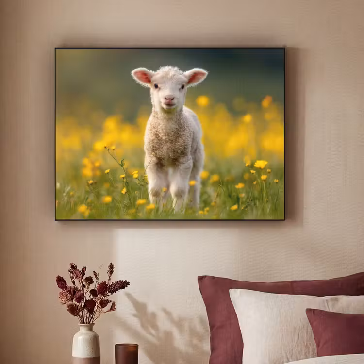 Lammetje - Gras - Bloemen - Geel Textielframe - compleet frame klein -sfeer1