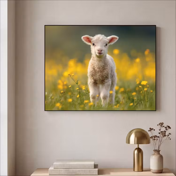 Lammetje - Gras - Bloemen - Geel Textielframe - compleet frame klein -sfeer2