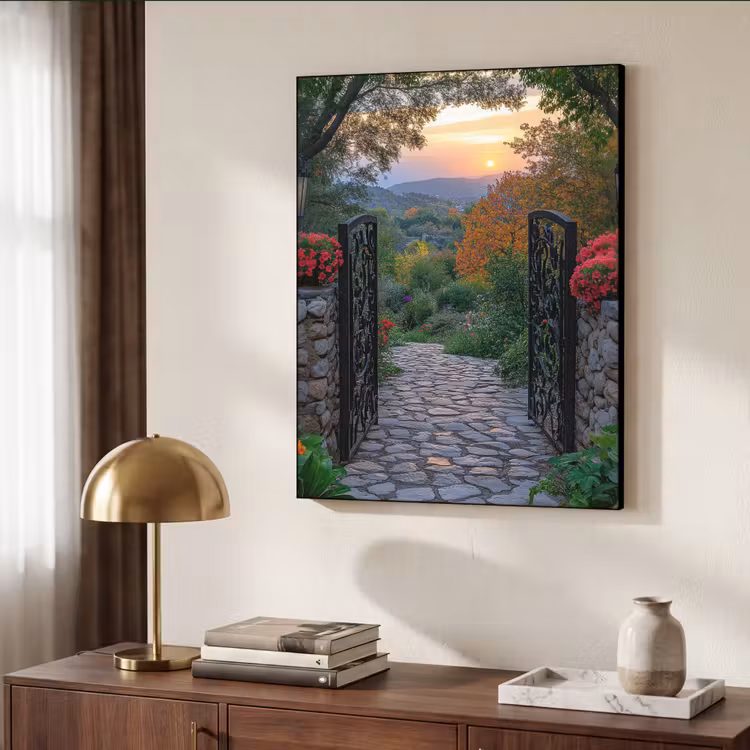 Landschap - Hek - Pad - Zonsondergang - Natuur Textielframe zwart klein -sfeer3
