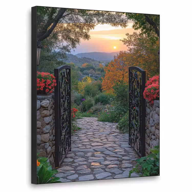 Landschap - Hek - Pad - Zonsondergang - Natuur Textielframe zwart klein -3d