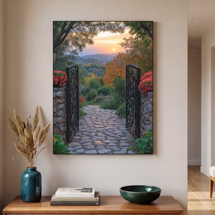 Landschap - Hek - Pad - Zonsondergang - Natuur Textielframe - compleet frame klein -sfeer1