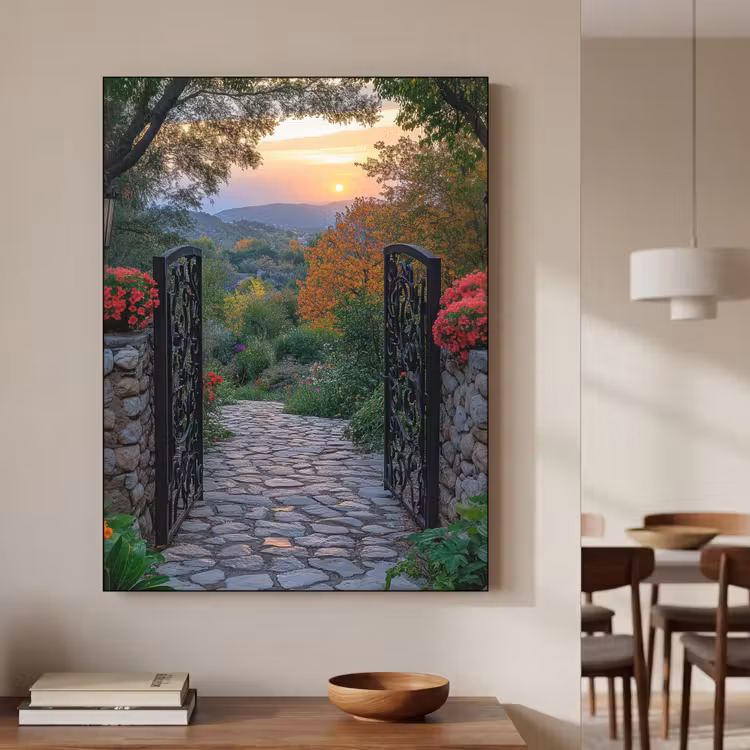 Landschap - Hek - Pad - Zonsondergang - Natuur Textielframe zwart klein -sfeer2