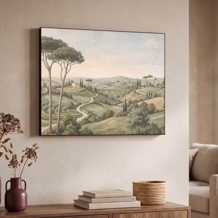 Landschap - Heuvels - Zandpad - Groen Textielframe zwart klein -sfeer3