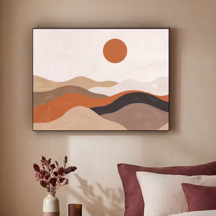Landschap - Heuvels - Zon - Abstract - Oranje Textielframe zwart klein -sfeer1