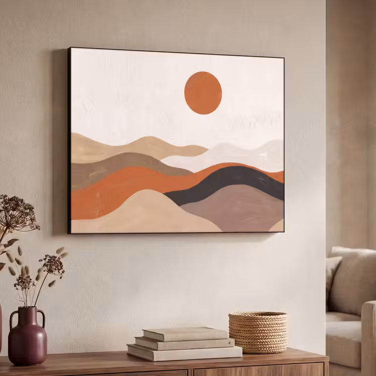 Landschap - Heuvels - Zon - Abstract - Oranje Textielframe zwart klein -sfeer3