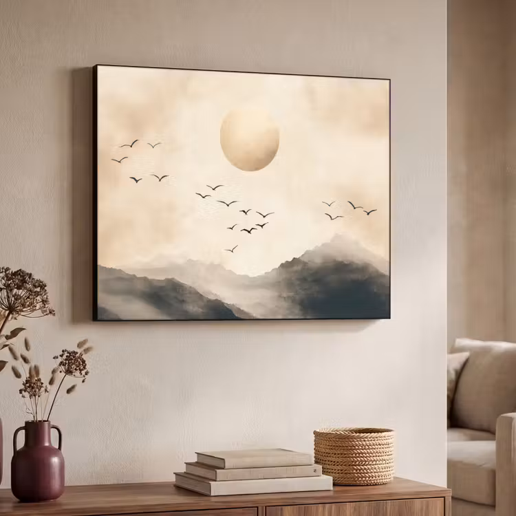 Landschap - Japandi - vogel Textielframe zwart klein -sfeer3