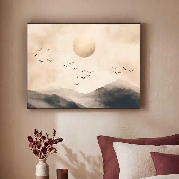 Landschap - Japandi - vogel Textielframe zwart klein -sfeer1