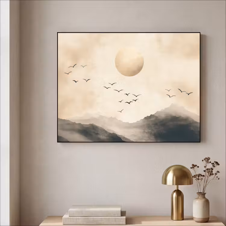 Landschap - Japandi - vogel Textielframe zwart klein -sfeer2