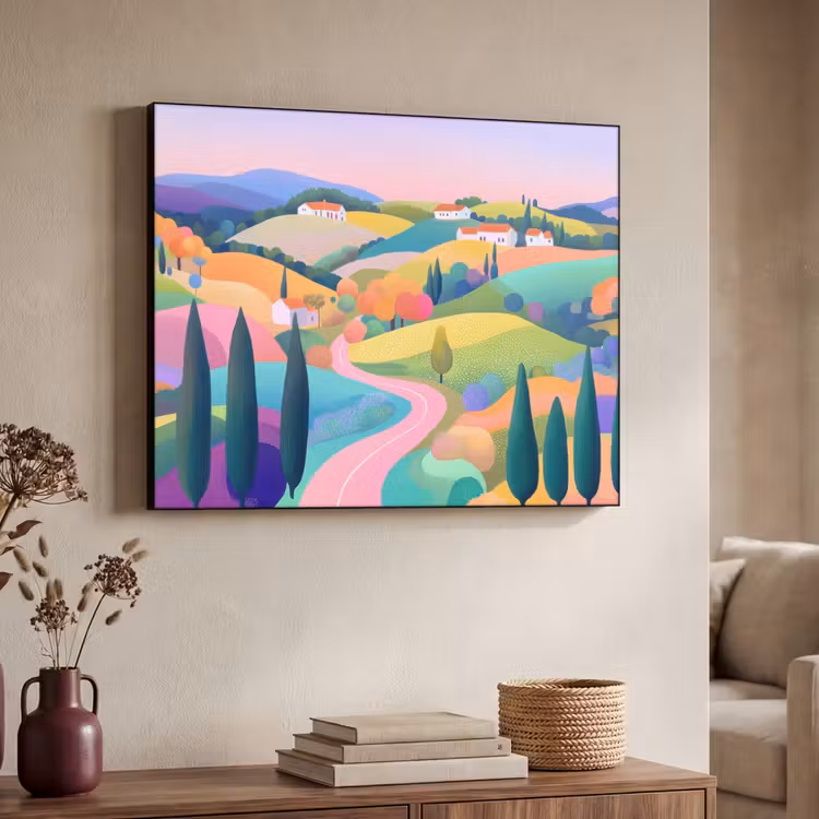 Landschap - Paars - Pastel - Huizen Textielframe zwart klein -sfeer3