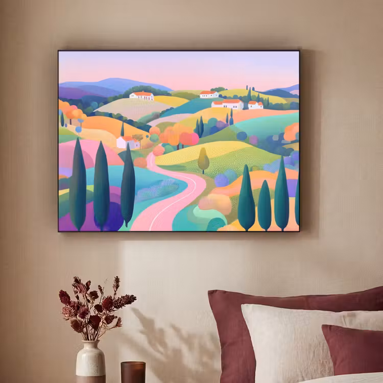 Landschap - Paars - Pastel - Huizen Textielframe zwart klein -sfeer1