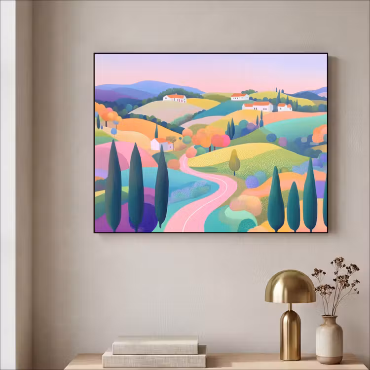 Landschap - Paars - Pastel - Huizen Textielframe zwart klein -sfeer2