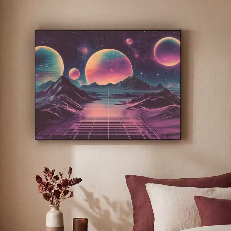 Landschap - Planeten - Horizon - Paars Textielframe zwart klein -sfeer1