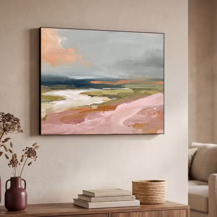 Landschap - Rivier - Abstract - Roze - Groen Textielframe zwart klein -sfeer3