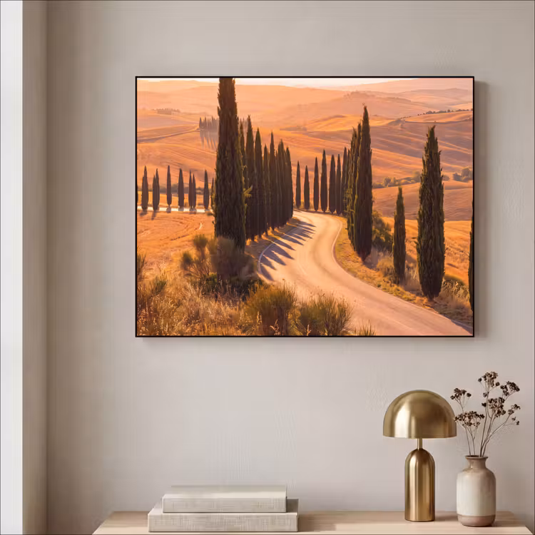 Landschap - Weg - Bomen - Natuur - Goud Textielframe zwart klein -sfeer2