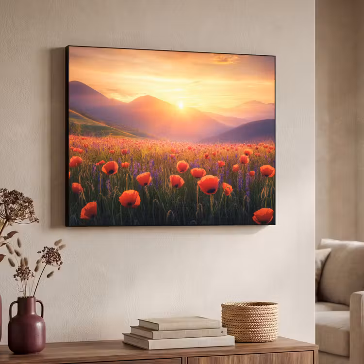 Landschap - Zonsondergang - Bloemenveld Textielframe - compleet frame klein -sfeer3
