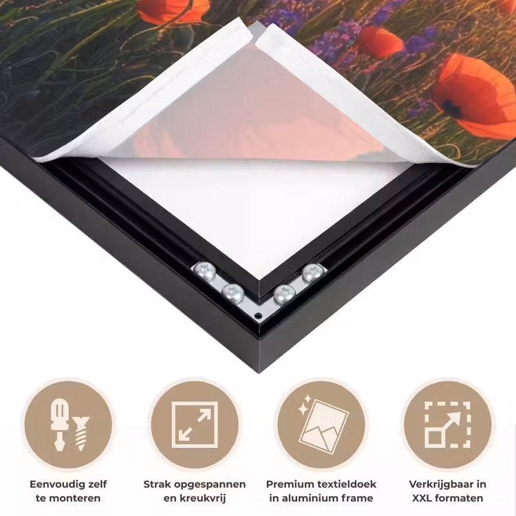 Landschap - Zonsondergang - Bloemenveld Textielframe zwart klein -USP_feed_closeupNL