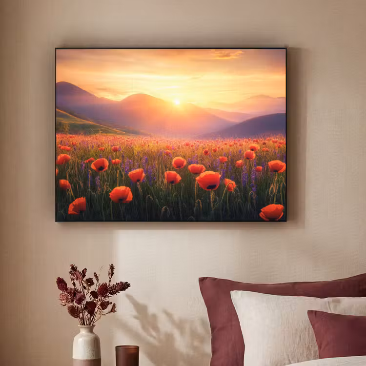 Landschap - Zonsondergang - Bloemenveld Textielframe - compleet frame klein -sfeer1