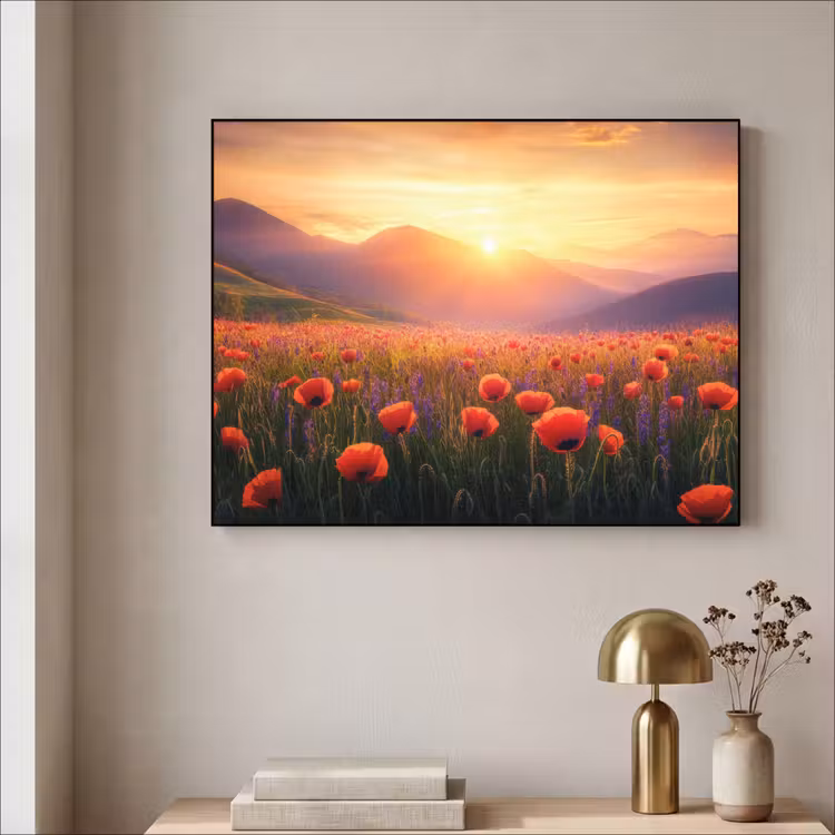 Landschap - Zonsondergang - Bloemenveld Textielframe zwart klein -sfeer2